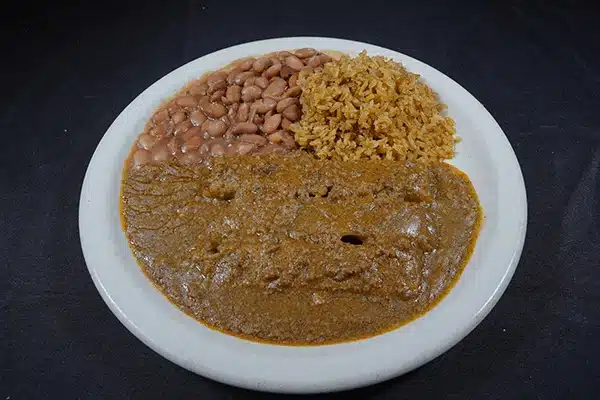 Plate with beans, rice, and carne guisada