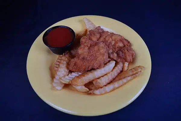 chicken with fries and ketchup