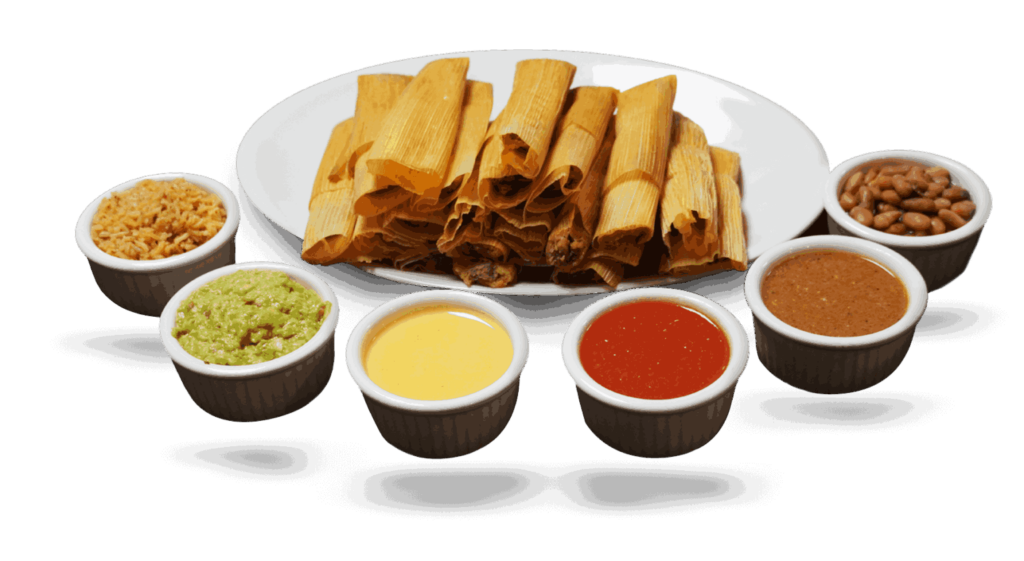 A plate of tamales with a variety of sauces