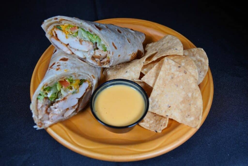 Chicken Fajita Wrap with chips and queso