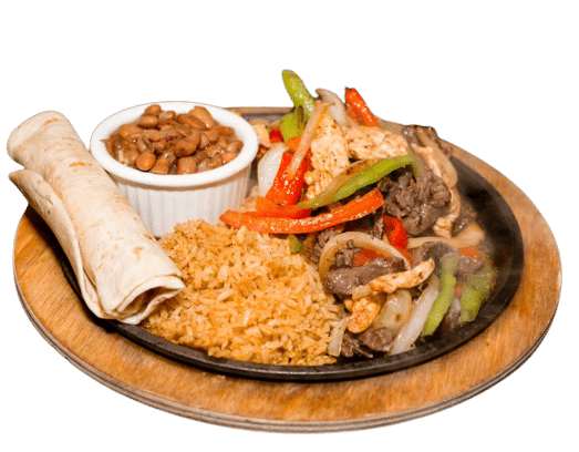 Plate with rice, beans, and chicken fajitas