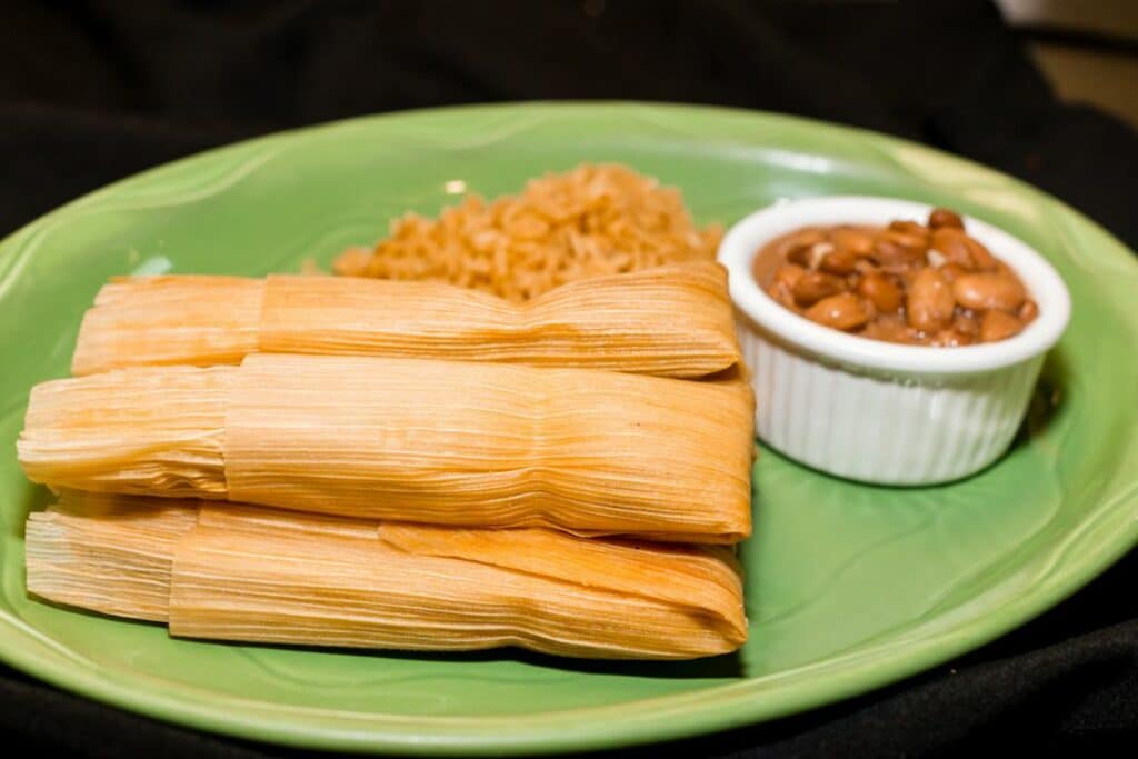 tamales, rice, and beans