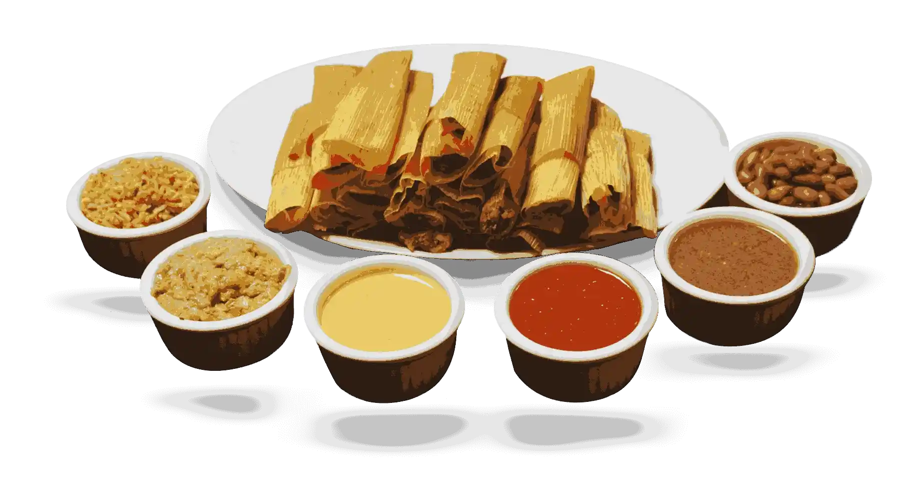 Plate of traditional Mexican tamales surrounded by bowls of different sauces. Event Catering in Cuero & Edna Texas