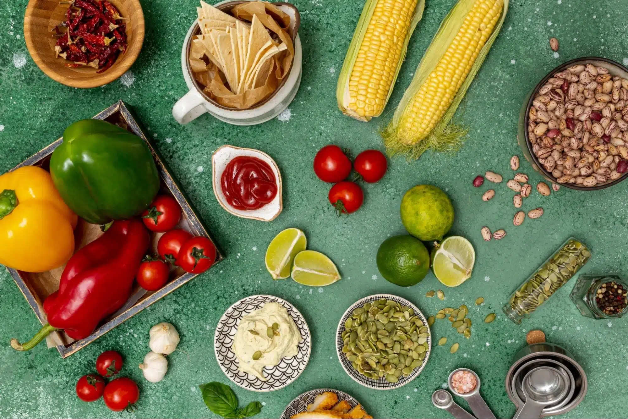 Ingredients for Mexican cuisine on green background